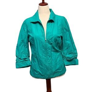 Chico's jacket lightweight green 3/4 runched sleeve zip with pockets Sz 3 US XL